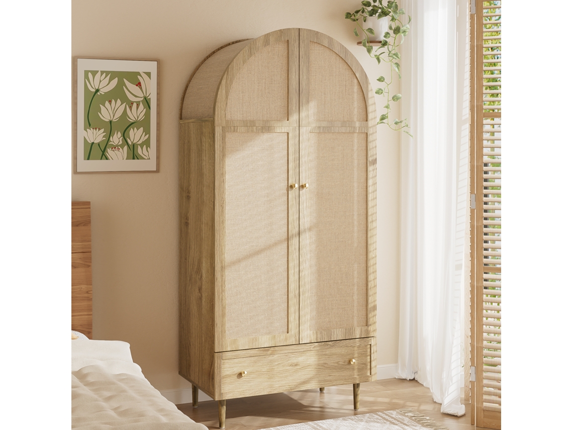 Armario con cajones - Gran capacidad, puertas de madera con acabado de lino - Natural