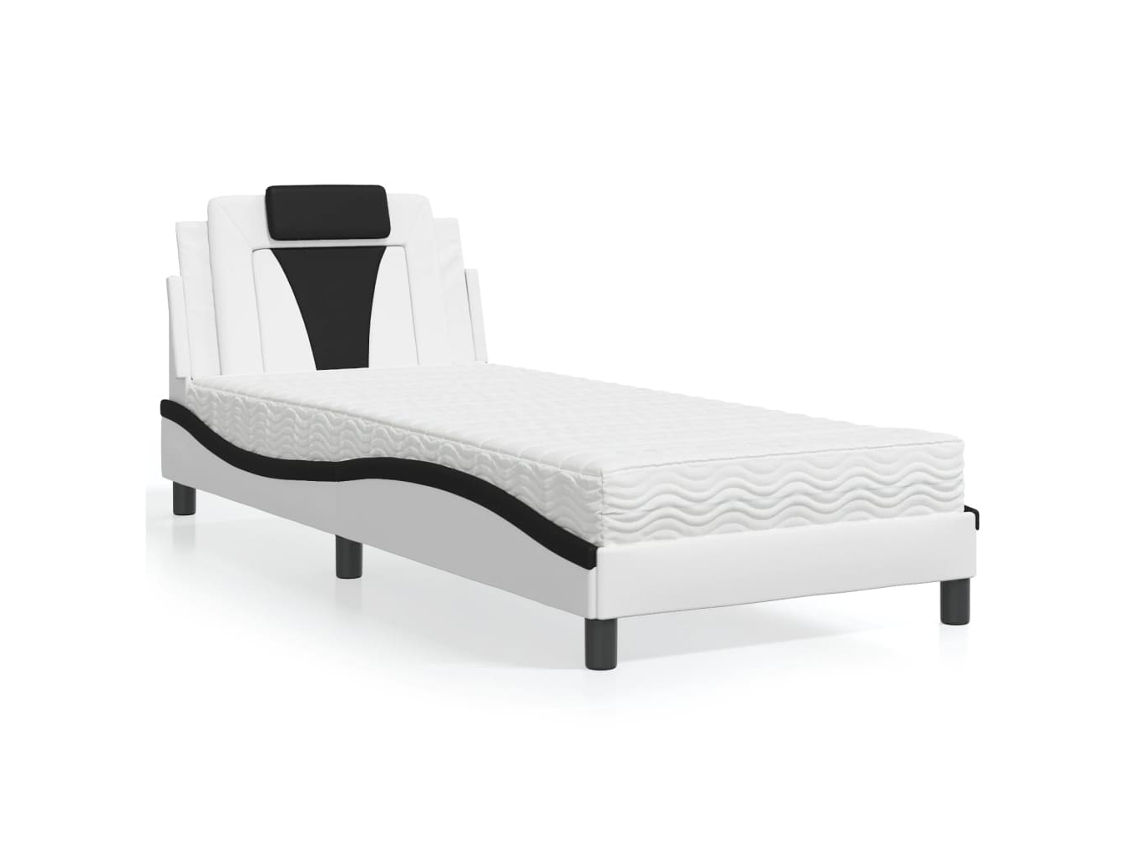 Cama Con Colchón Cuero Sintético Blanco Y Negro 90x200 Cm