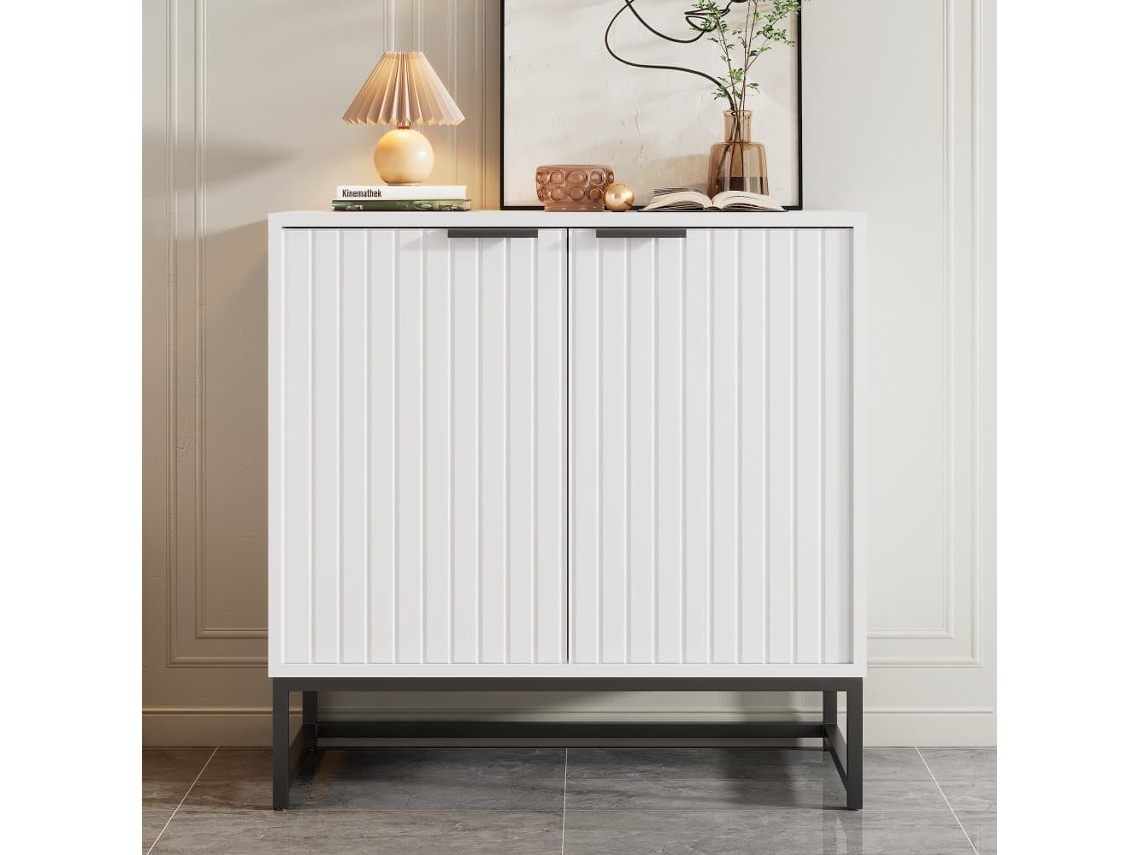 Aparador Bajo - Estilo Escandinavo - 2 Puertas Decorativas Con Vetas Verticales - Blanco