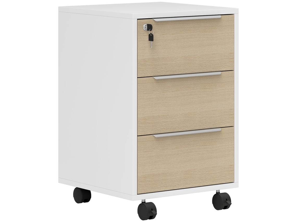 Archivador de oficina con ruedas, 3 cajones y cerradura, unidad de almacenamiento de oficina con ruedas, 40 x 40 x 63,5 cm, roble.