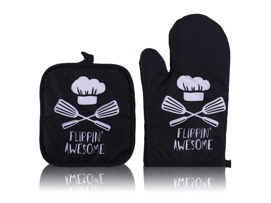 2026-guantes Horno Linjou, Par De Guantes Y Posavasos Resistentes Al Calor (gorro De Chef Negro)