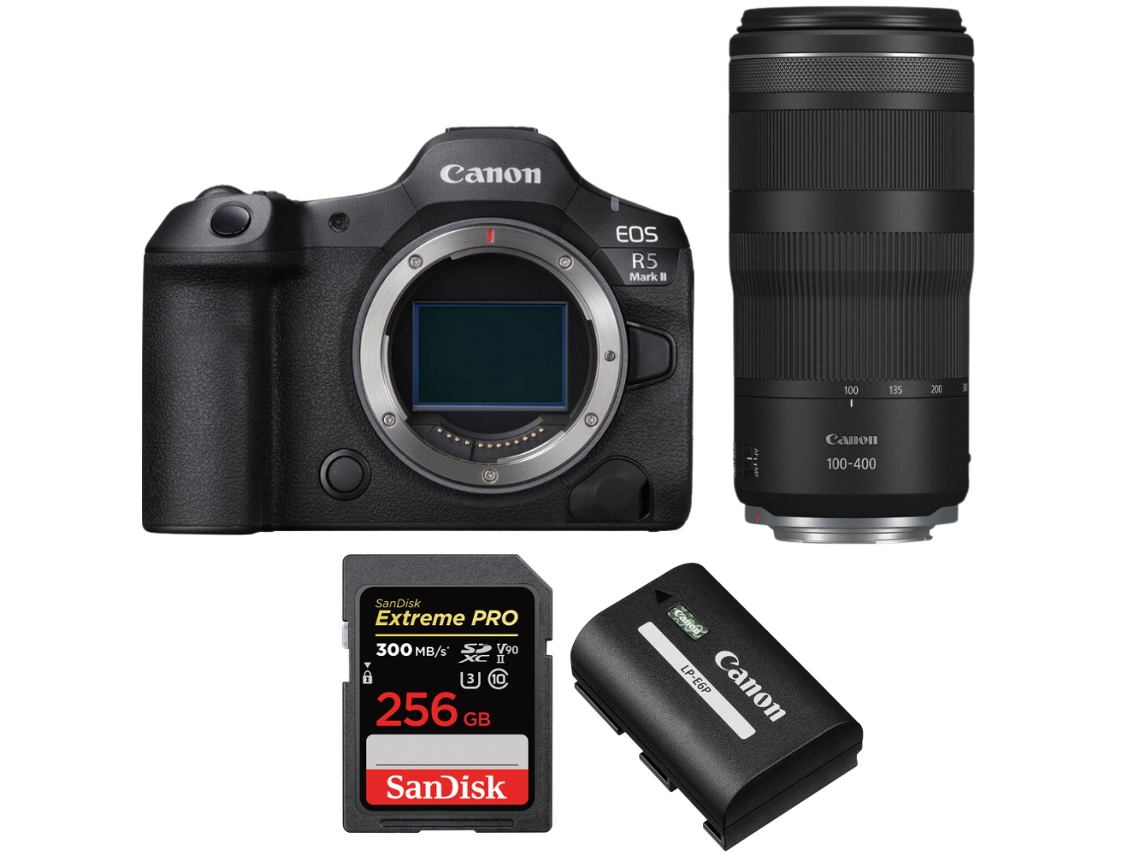 Canon EOS R5 Mark II + RF 100 400mm F/5.6 8 IS Usm + 1 Sandisk 256GB UHS II 300MB/s + 1 Canon LP e6p + Libro electrónico “20 consejos para fotos impresionantes”