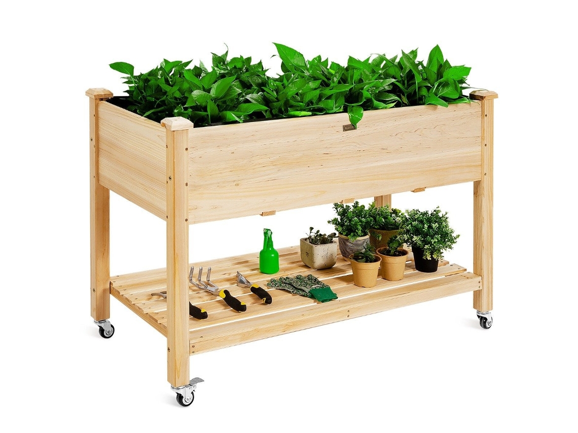 Canteiro De Jardim Elevado Em Madeira Com Rodas Traváveis Natural 120x59x84cm 2 Níveis