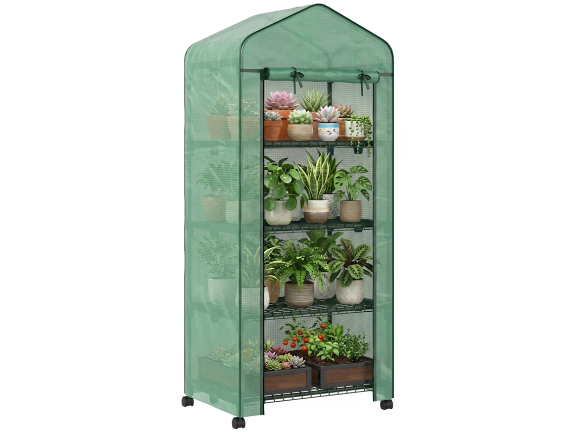 Estufa De Exterior Com 4 Prateleiras E Rodas Porta Enrolável Estrutura Em Aço E Cobertura De Pe 140g/ Anti-uv 69x50x165 Cm Verde