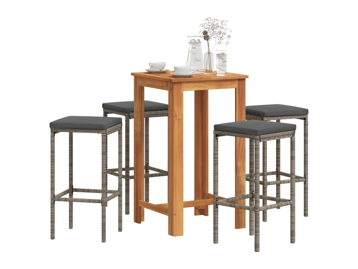 Conjunto de barra de jardín de 5 piezas de acacia maciza/mimbre de polietileno gris DKD Home Decor