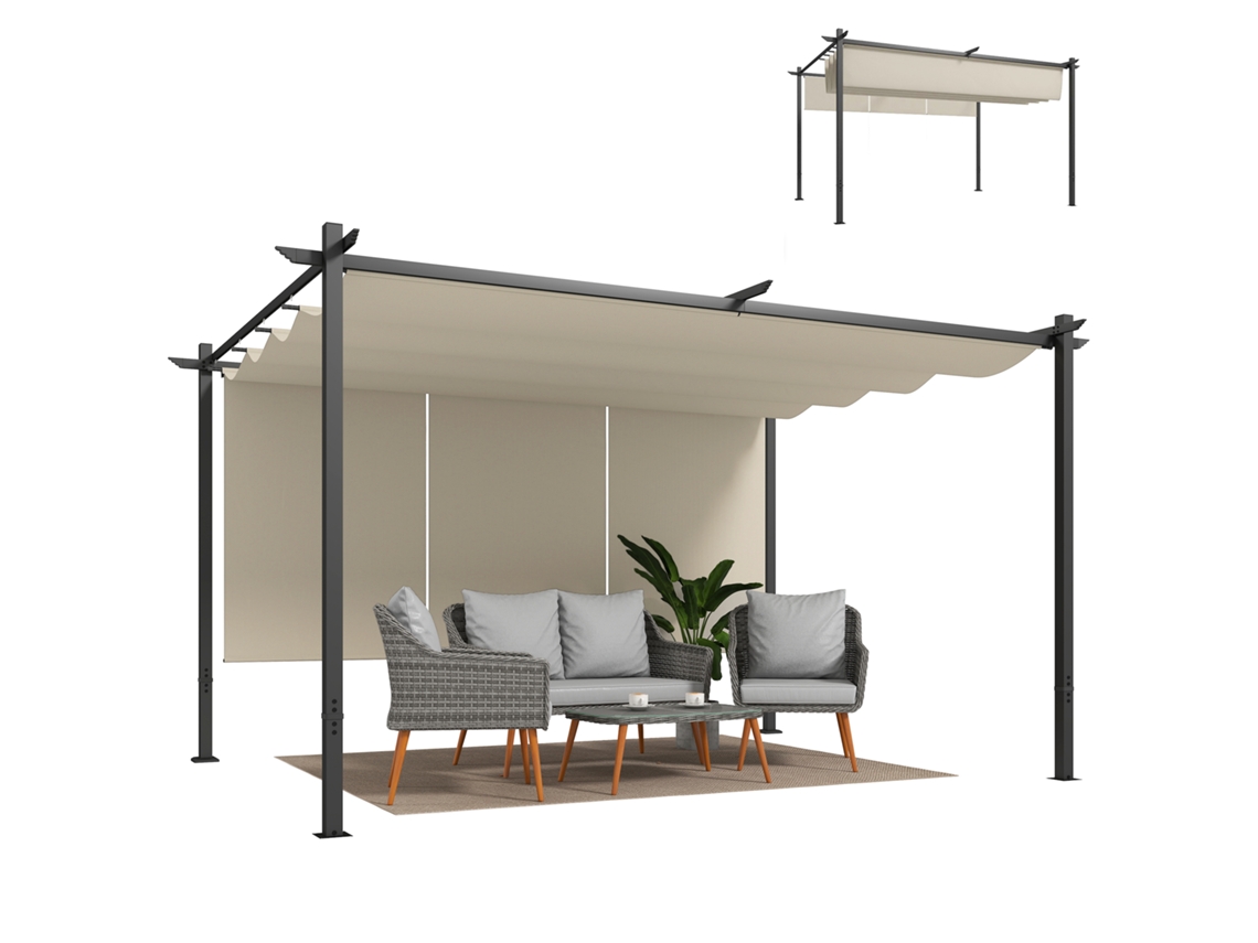 Pérgola de jardín de 4x3 m con techo enrollable retráctil de 3 lados, protección UPF30+, color beige, para terraza exterior.