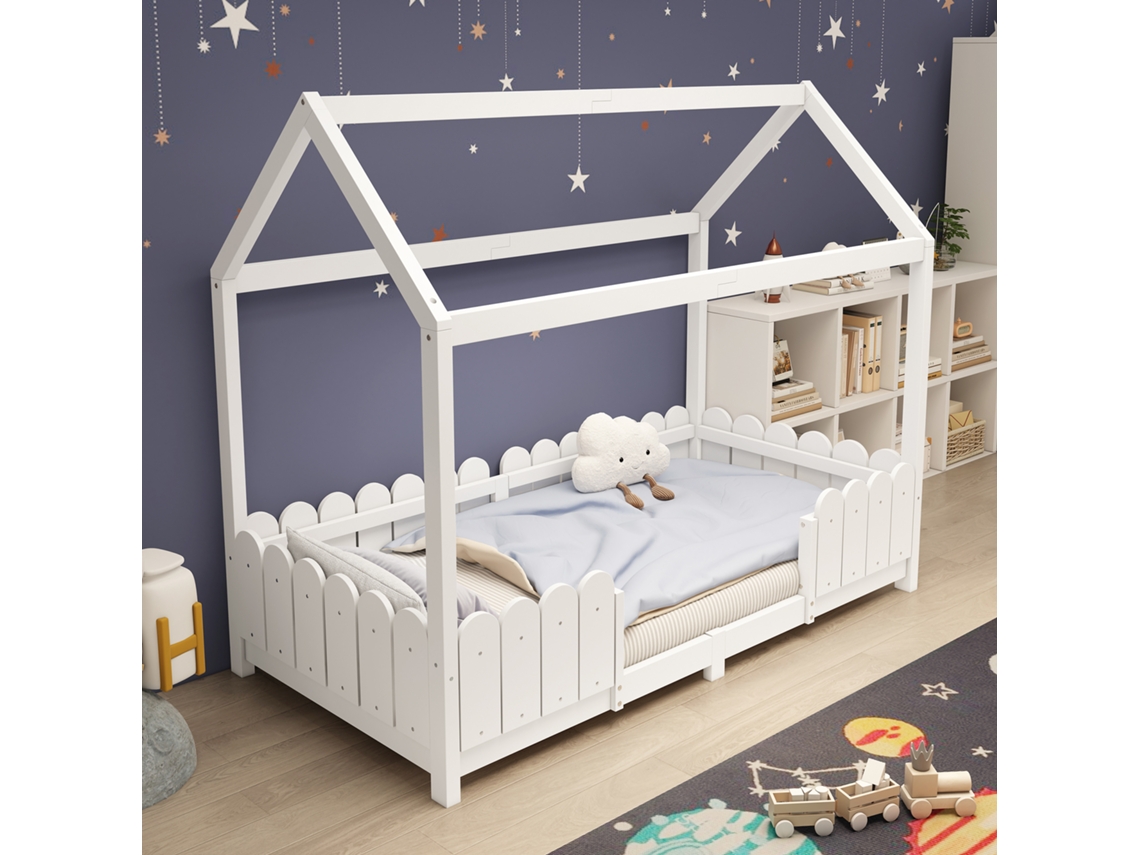Cama Alta Infantil De 90x200 Cm, De Madera, Anticaída, Blanca.
