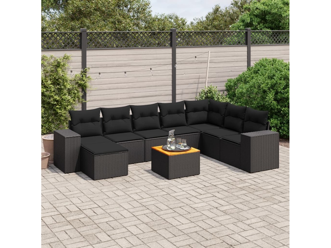 Conjunto de sofá de jardín de 9 piezas con cojines, ratán negro, Dkd Home Decor