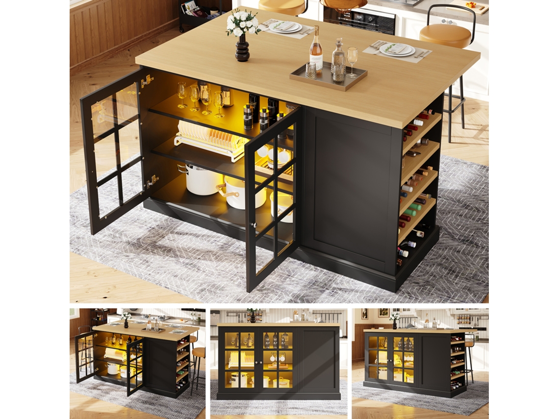 Isla De Cocina Y Mesa De Bar Plegable Multifuncional - Con Iluminación Led, Botellero Inclinado Y Cajón, Ahorro Espacio Apartamentos, Usb - Negro