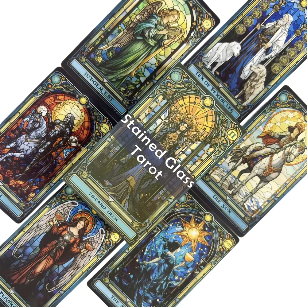 Una baraja completa de Tarot, con un diseño de vidriera que mide 10,3 x 6 cm, con un total de 78 cartas. MDUG