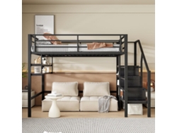 Cama Alta De Metal De 140x200 Cm - Con Estante Y Escalera De Almacenaje - Negro