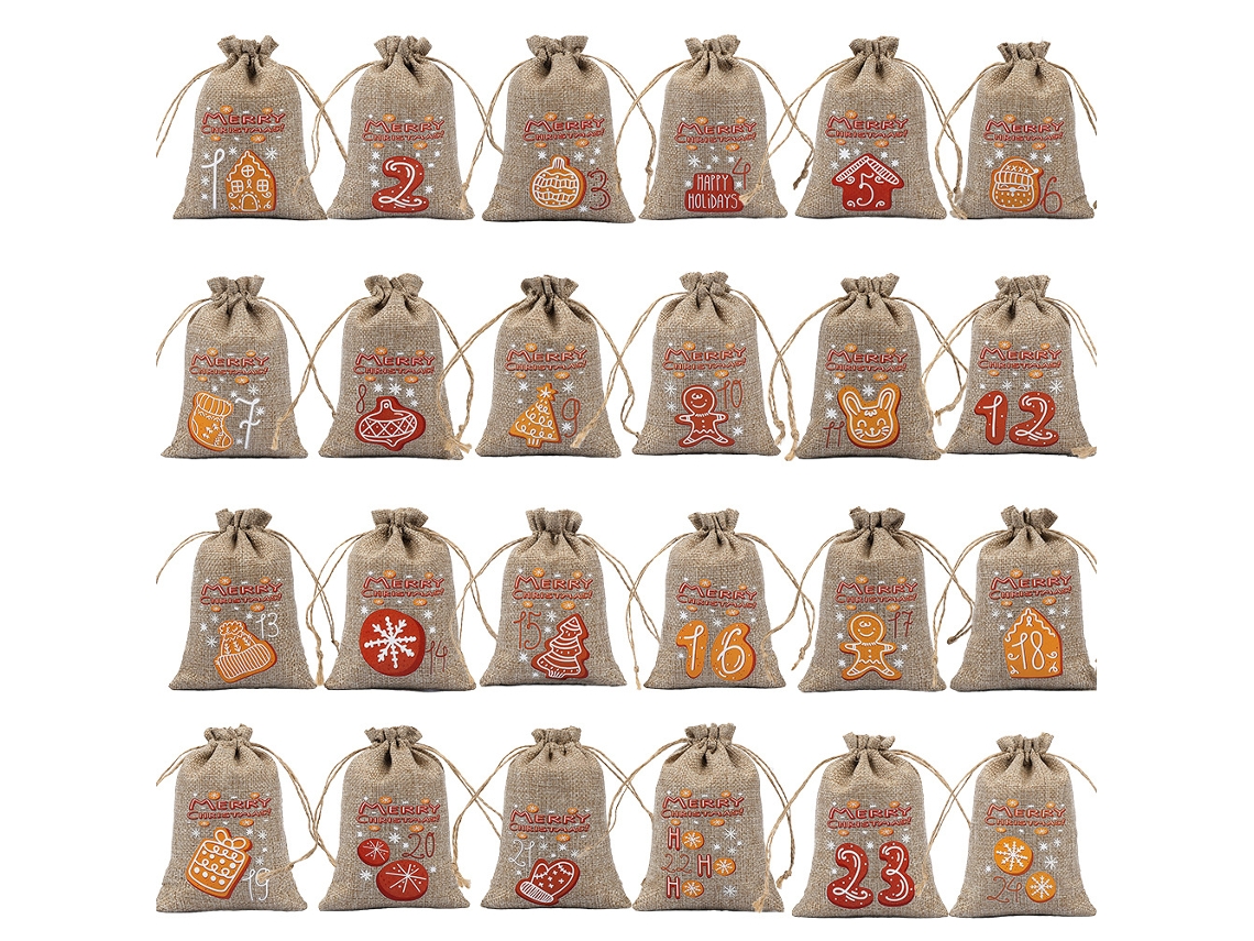 24 bolsas navideñas de yute con cordón, 5,5 x 4 pulgadas (09)