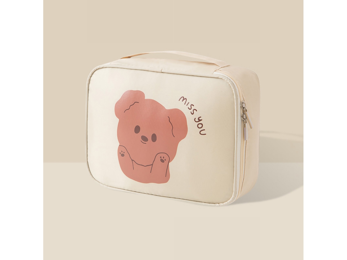 Bonita bolsa de almacenamiento de cosméticos portátil de color blanco leche con diseño de dibujos animados.