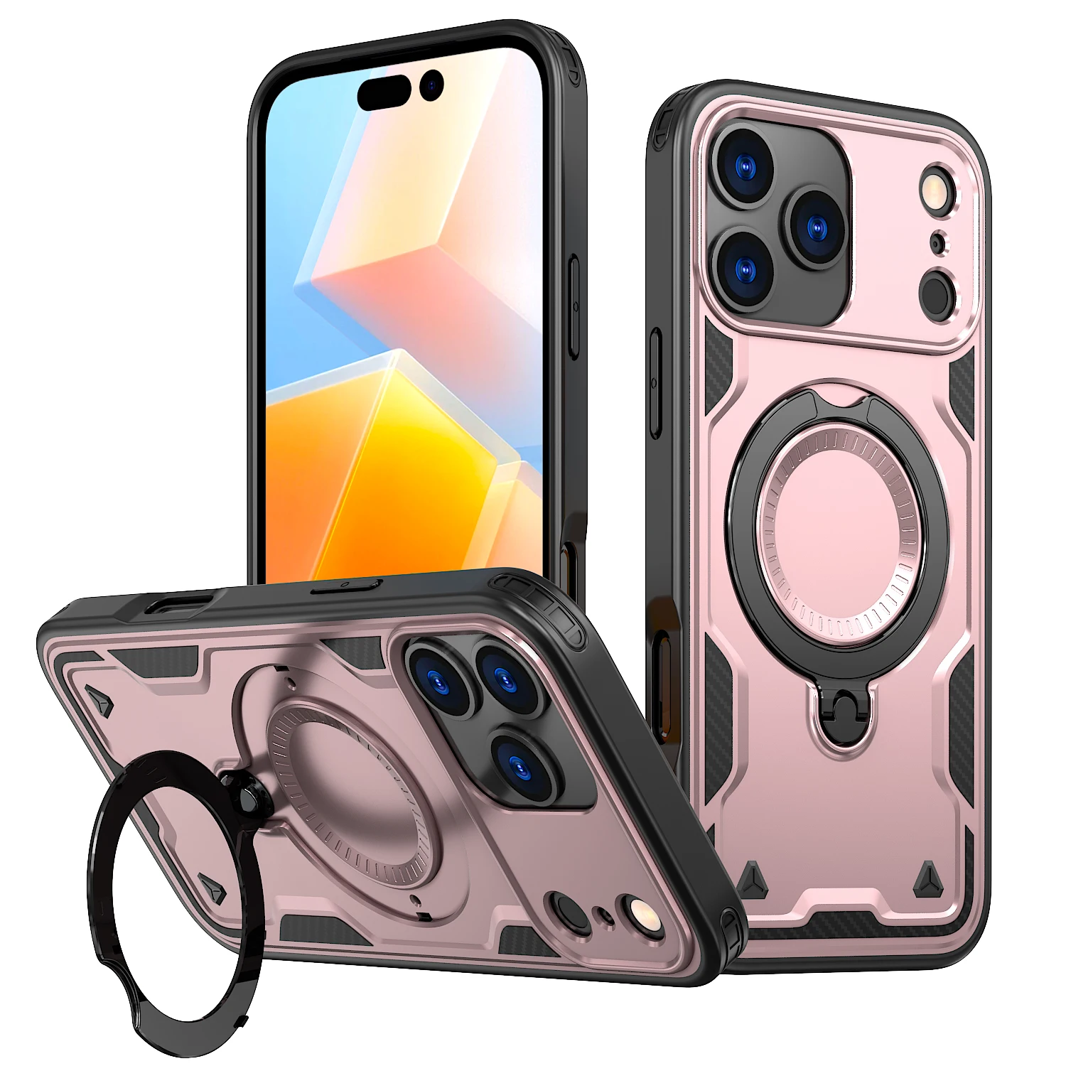 (rosa, Iphone 14) Funda Protectora Resistente Para Iphone Con Soporte De Carga Inalámbrica Magnética