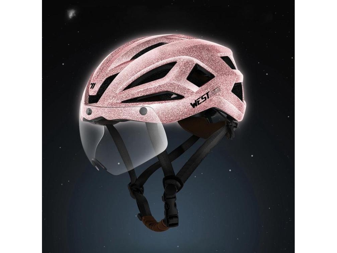 Casco reflectante para ciclismo nocturno con gafas magnéticas, ligero y transpirable para bicicletas de montaña y carretera (rosa estelar)