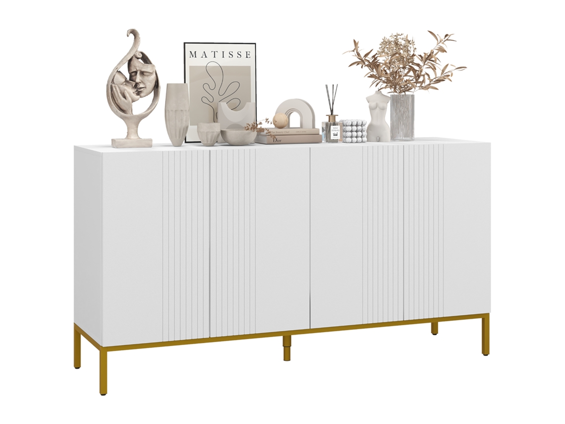 Aparador de diseño contemporáneo con 2 armarios, metal dorado y madera blanca.
