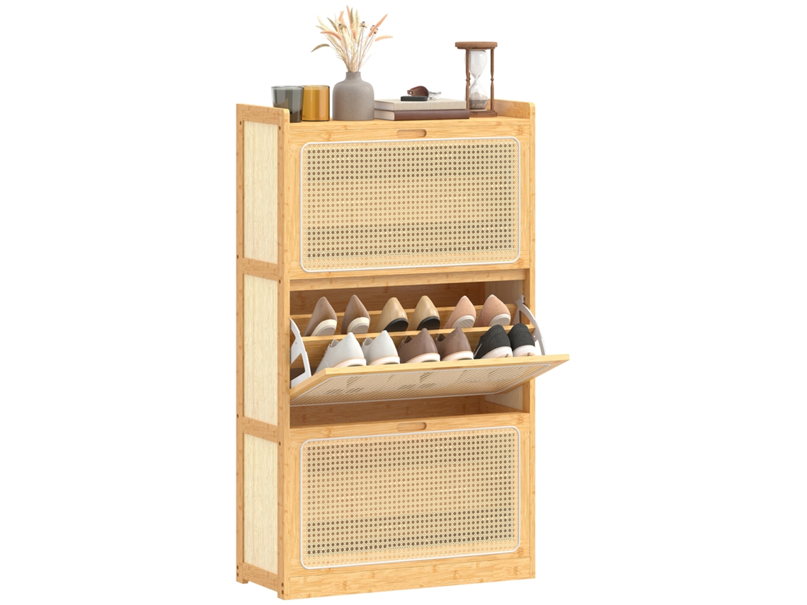 Zapatero Correa De Bambú Con 3 Cajones Regulables De Ratán Para 18-21 Pares De Zapatos 69x29x119,8 Cm Natural