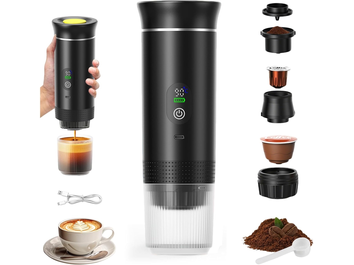 Cafetera portátil con pantalla digital, de cápsulas pequeñas, apta para café molido y cápsulas grandes y pequeñas (negro)