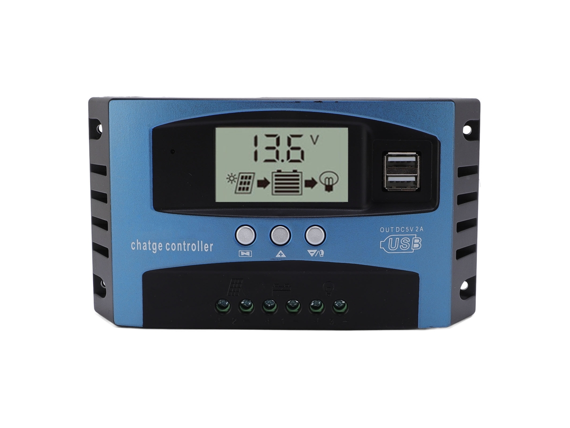 Controlador de carga solar MPPT de 12V/24V y 50A con doble puerto USB para paneles solares.