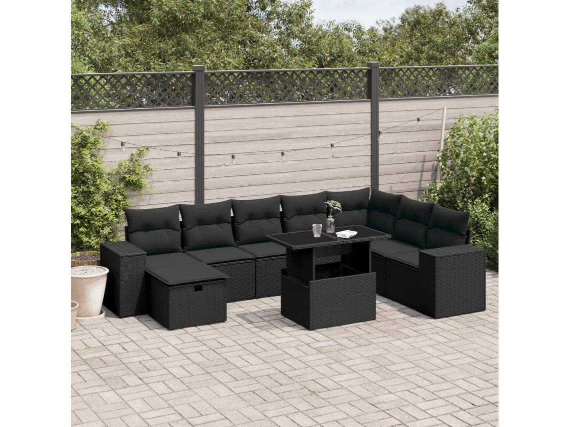 Conjunto de sofá de jardín de 9 piezas con cojines, ratán negro, Dkd Home Decor
