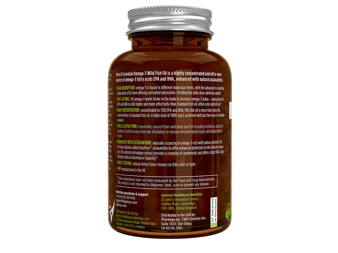 Igennus Pure & Essential Omega-3 Wild Fish Oil EPA & DHA 1000mg & Astaxanthin  180â€™s