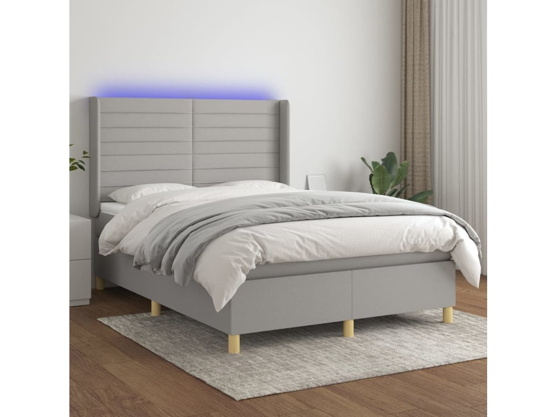 Cama Box Spring Colchón Y Luces Led Tela Gris Claro 140x200 Cm
