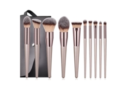 Juego de 10 brochas de maquillaje para mujer en color champán con estuche negro. MDUG