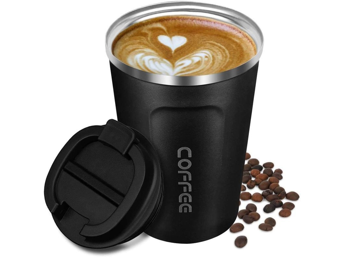Taza Térmica De Viaje De Acero Inoxidable De 380 Ml Con Tapa Antigoteo Para Bebidas Frías Y Calientes, Ecológica, Negra.