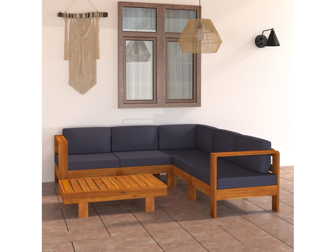 Conjunto de piezas. Lounge De Jardim C/ Almofadões Cinza Escuro Acácia Dkd Decoración Del Hogar