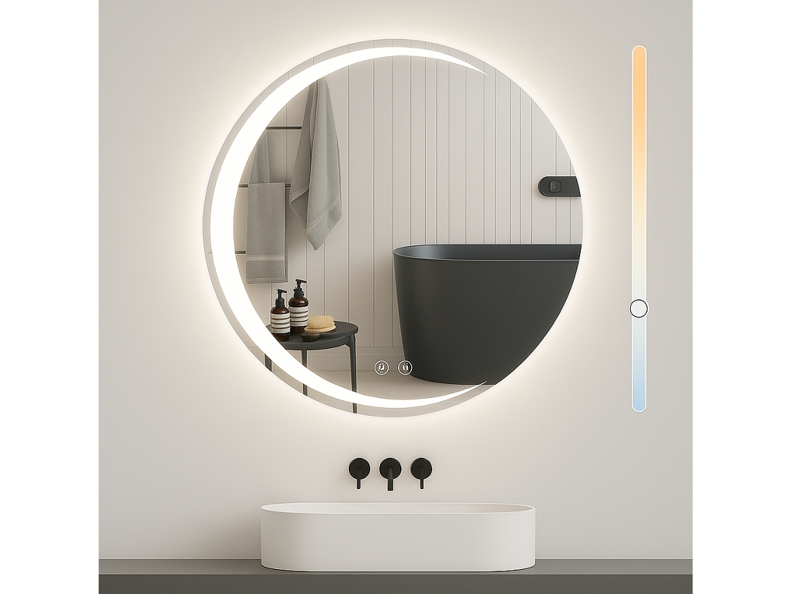 Espejo de baño redondo con luz LED, grado de protección IP44, 80 cm, con tecnología NETTLIFE Touch.