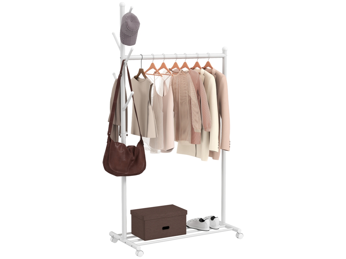 Carrito con ruedas, 5 ganchos, barra para colgar ropa y estante inferior, 86x43x171 cm, blanco