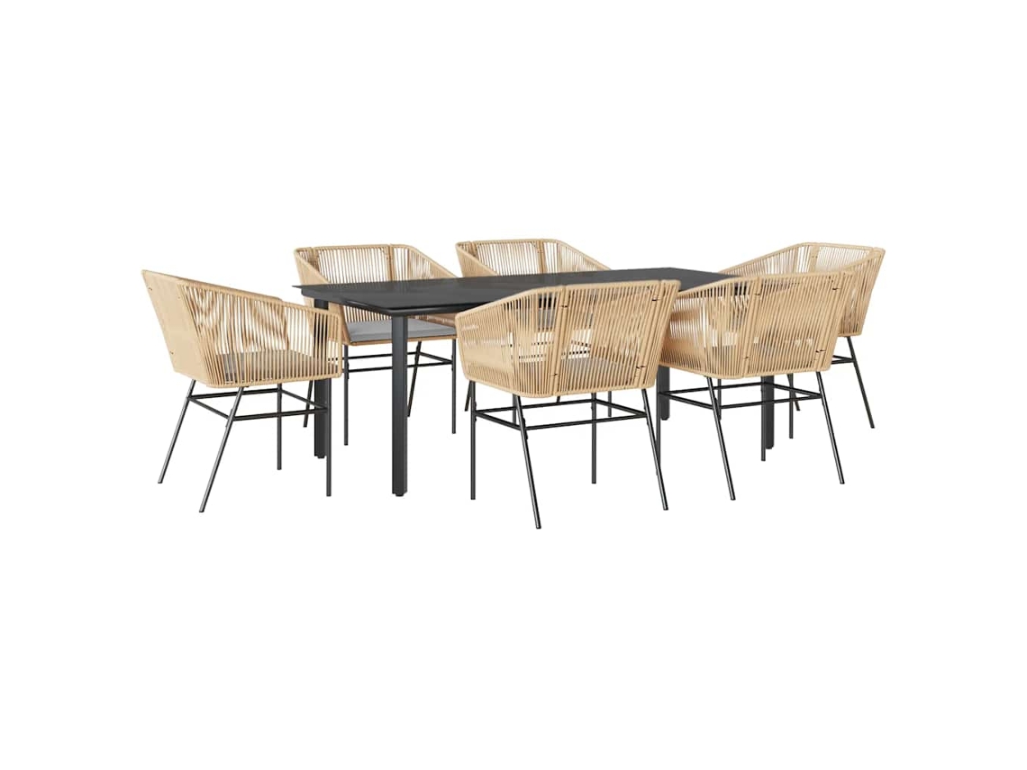 Juego de comedor de jardín de 7 piezas con cojines y tablero de cristal, mimbre, patas marrones, EXCLUSIVO DE LA CASA