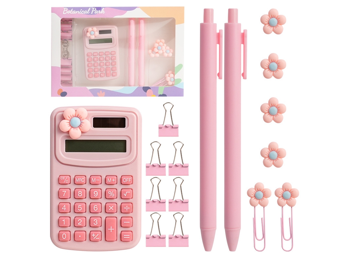 Juego de calculadora Chrui Macaron con calculadora, marcapáginas, clip para carpeta y bolígrafo (rosa)