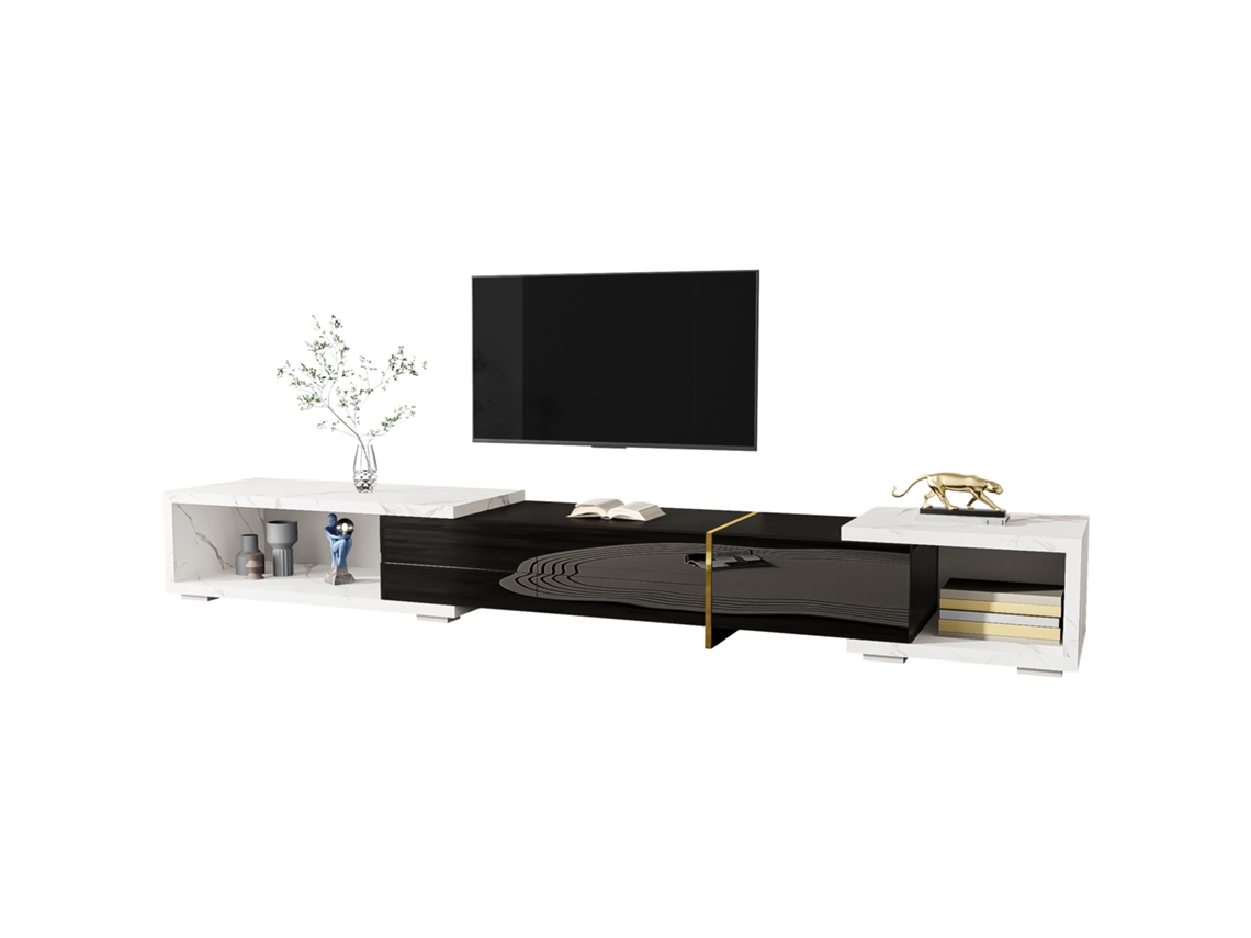 Mueble Tv Ajustable 140-260cm Giratorio Mármol Blanco Negro Dorado