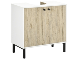 Mueble bajo lavabo moderno de 2 puertas con patas metálicas, acabado en blanco y madera.
