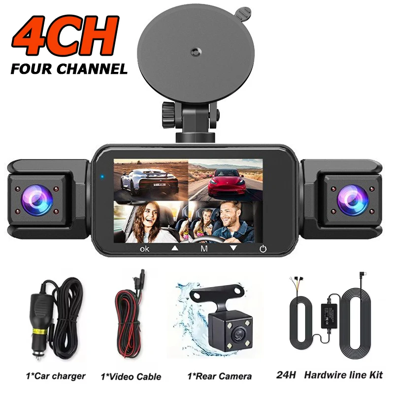 (Kit de instalación con tarjeta SD de 32 GB y 4 canales) Cámara para vehículo de 360° con función de voz