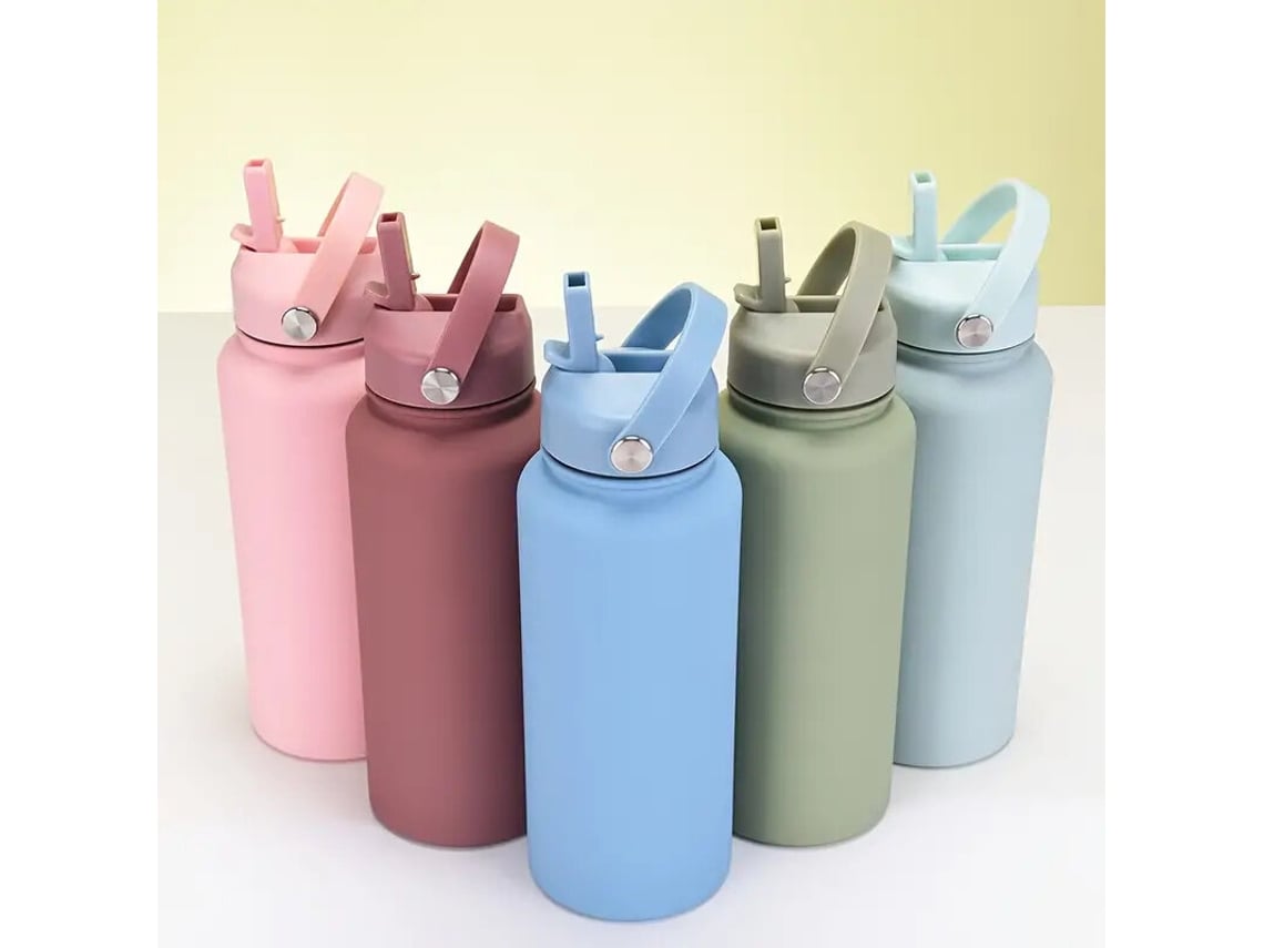 Botella térmica Pinkipree de 1000 ml con tapa, pajita y asa a prueba de fugas: portátil, ideal para deportes al aire libre.