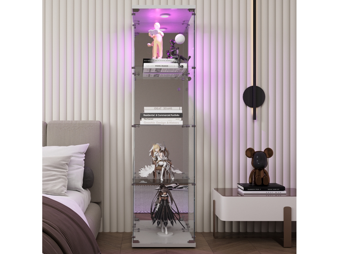 Vitrina de cristal de 4 niveles con iluminación LED, una puerta, diseño con espejo, para libros de colección y vinos, 163 x 42 x 36 cm, blanca.