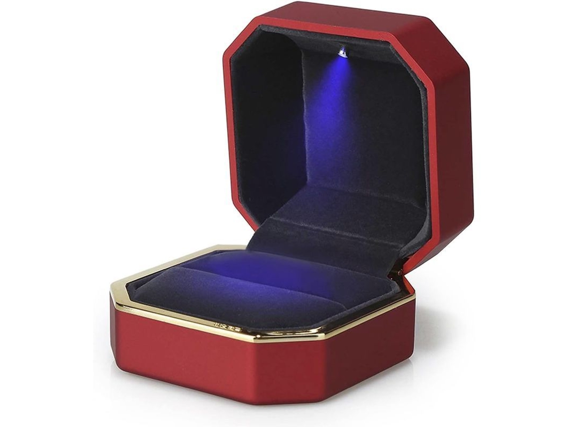 Caja De Anillo De Lujo Con Luz Led, Estuche De Terciopelo Rojo Para Bodas Y Regalos