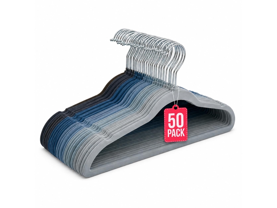 Perchas antideslizantes de terciopelo, paquete de 50 unidades, tonos de azul, con gancho giratorio de 360°, COM-FORT HOUSE