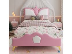 Cama Infantil 90x200cm, Cabecero Corona, Acolchado Anticolpes, Marco Pu/metal, Capacidad 136kg, Sin Colchón, Rosa Y Blanco