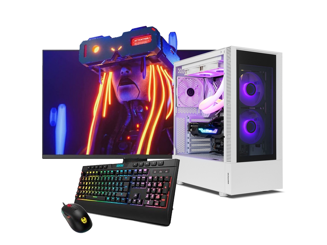 PC de escritorio para juegos Neo (AMD Ryzen 5 8600G, 32 GB de RAM, DDR5, 1 TB, RTX 5060, monitor FullHD de 27 pulgadas, teclado y ratón, Windows 11)