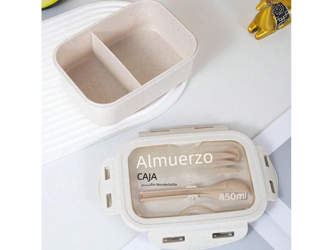Lonchera De Oficina Cuadrada Sólida De Color Beige, Con Cubiertos Y Tapa Hermética, Apta Para Microondas.