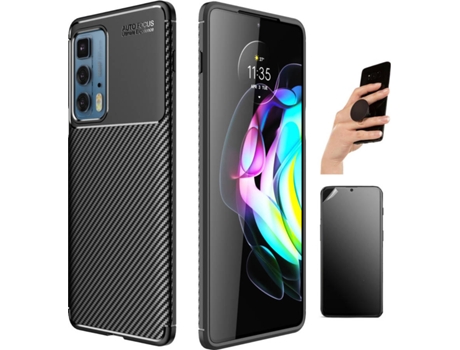 Kit Funda, Protector de Pantalla y Popsocket Motorola Edge 20 Pro Rugged Carbon Negro
