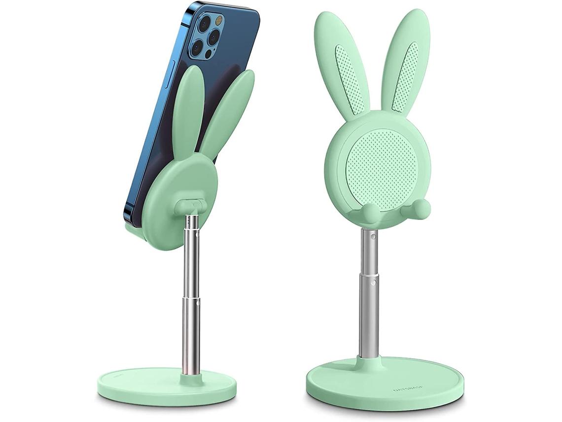 Lindo soporte para teléfono celular con forma de conejo con ajuste de altura y ángulo para escritorio.