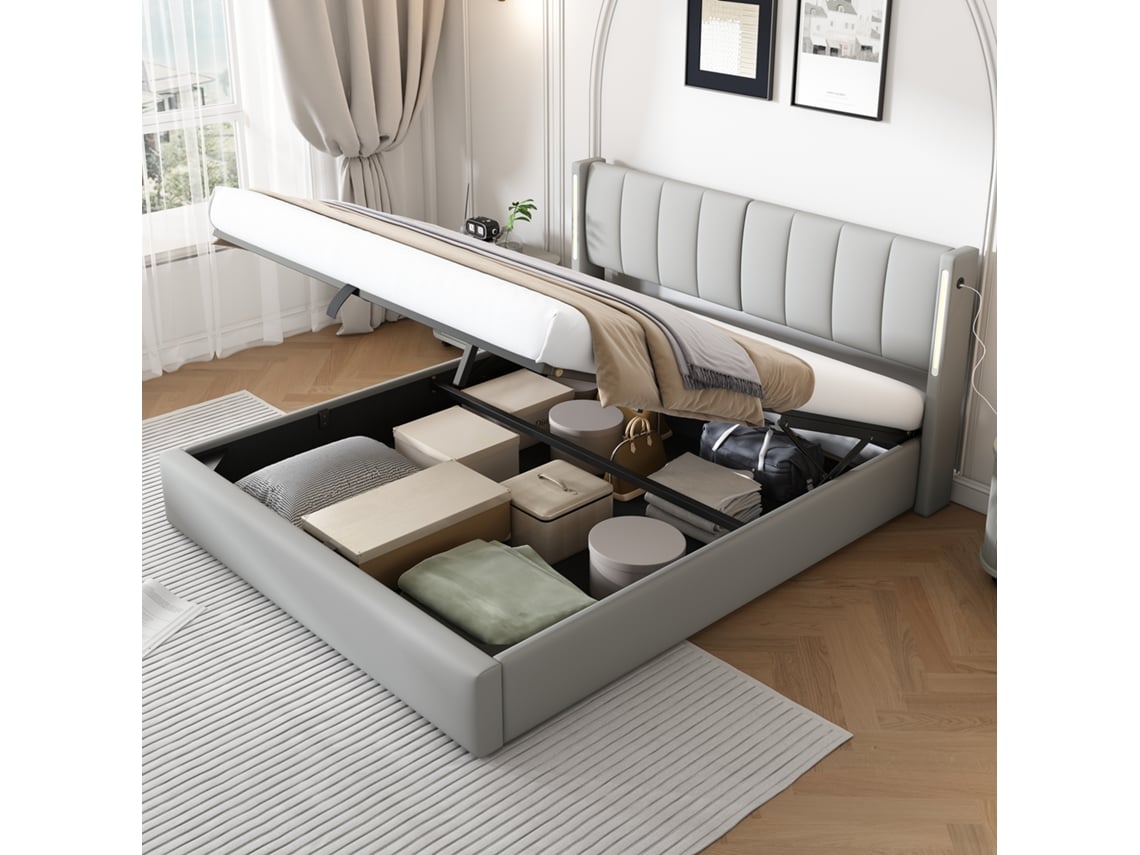 Cama Doble Gris De 160x200 Cm, Led, Usb, Cabecero Ajustable, Almacenamiento.