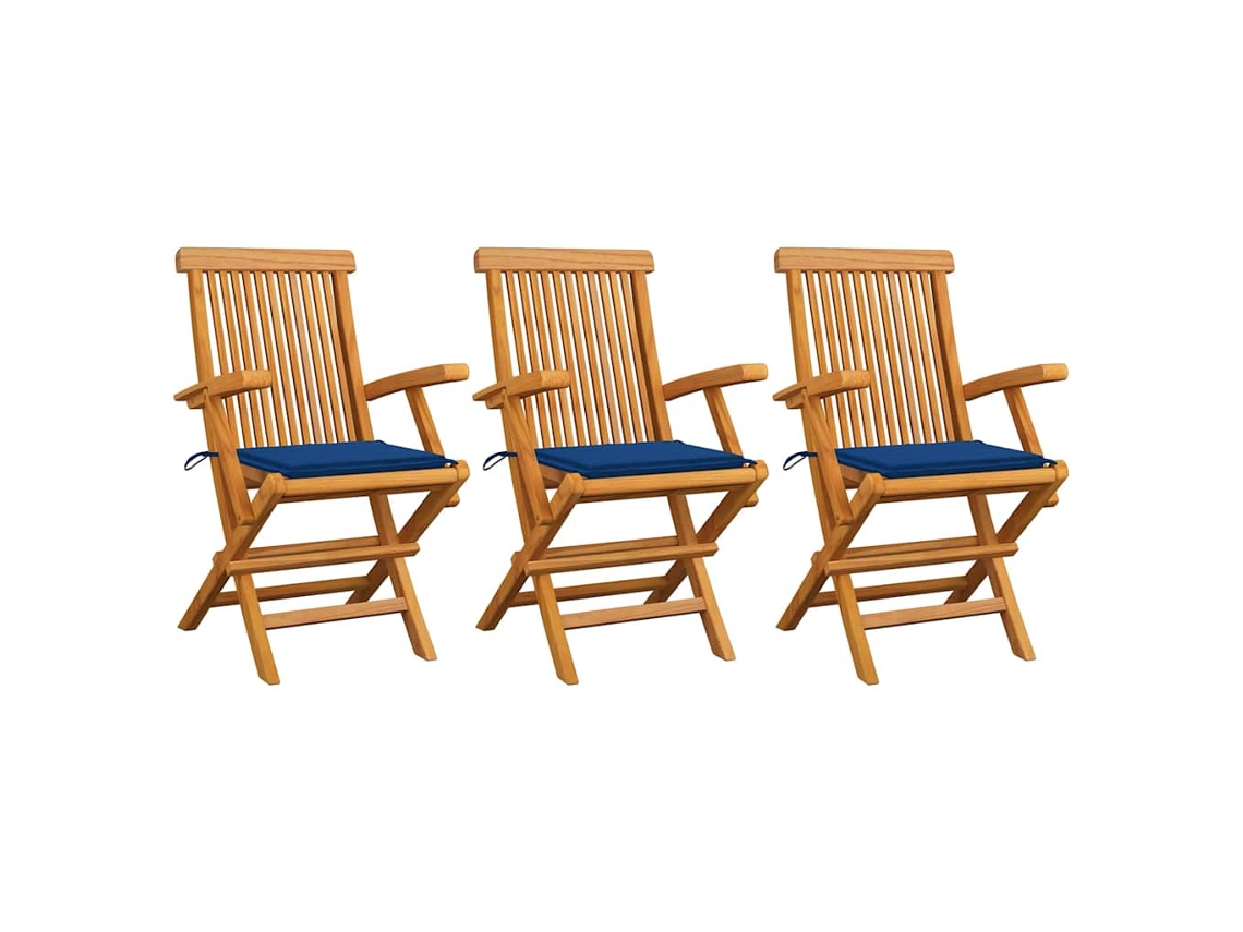 Sillas de jardín DKD Home Decor de 3 piezas con cojines azul real, teca maciza