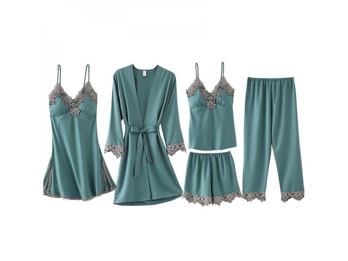 Conjunto De Pijamas De Seda Europea Sexy Para Mujer 5 Piezas Ropa Interior Noche Dkp L Verde
