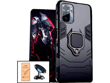 Kit Cristal Templado CeramicGlass Full Cover, Funda 3X1 Military Defender y Soporte Magnético de Coche Xiaomi Redmi Note 10s PHONECARE Negro