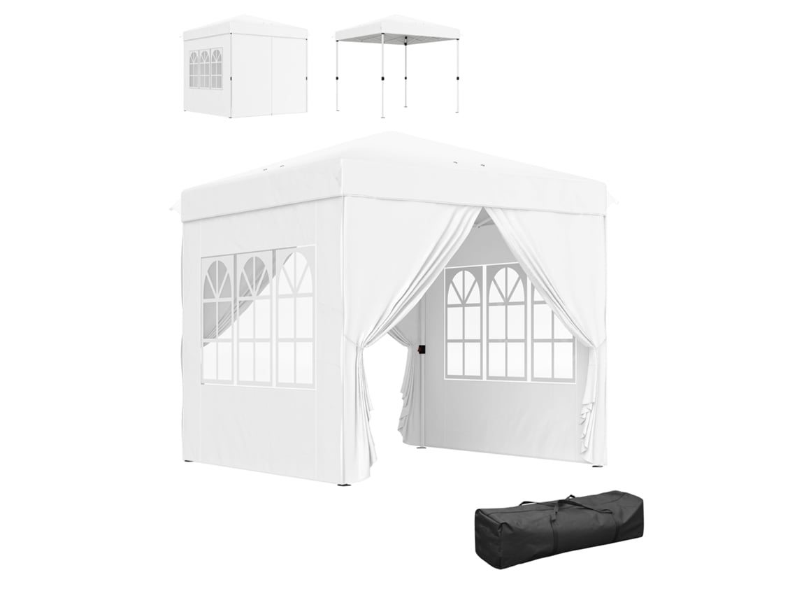 Tienda de campaña desplegable de 2,5 x 2,5 m, 4 paredes, protección UV, altura regulable, bolsa de transporte blanca.